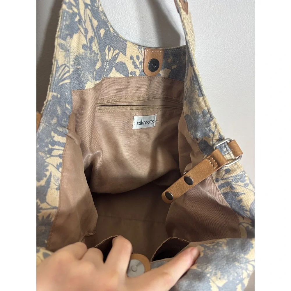 Sakroots Straw Floral Hobo Shoulder Bag Tan Blue‎ Leather Trim Boho